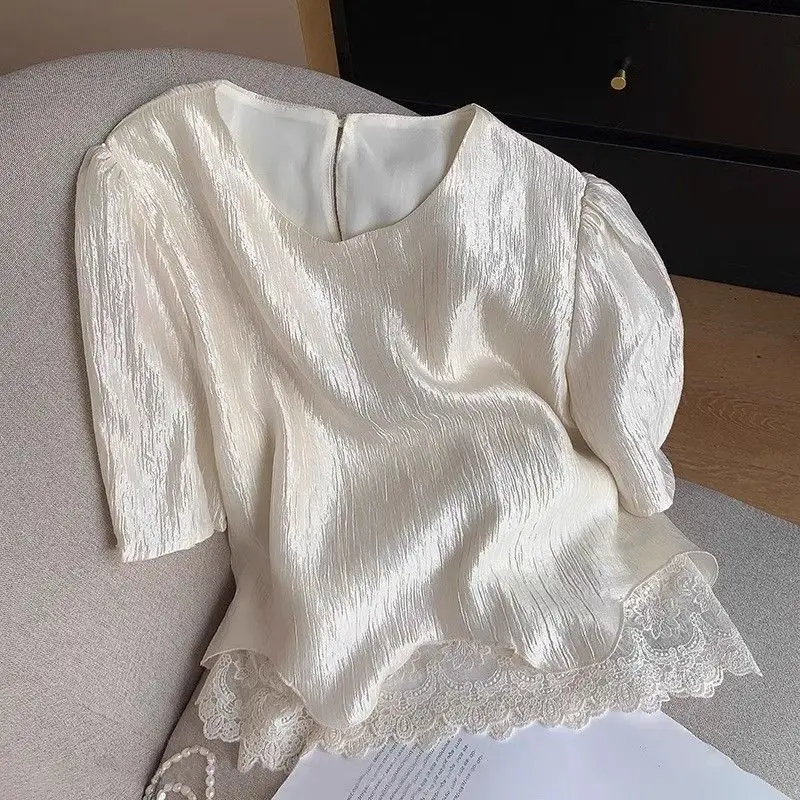 

Women Summer Simplicity Office Lady Solid Color O-neck Short Sleeve Shirts Ladies Fashion Trend Lace All-match Temperament Tops