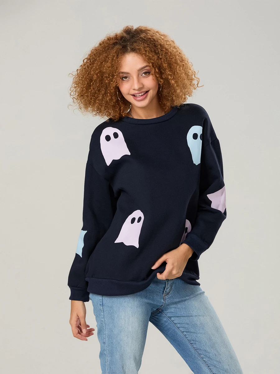 Sudadera de manga larga de Halloween para mujer, jersey informal holgado con cuello redondo y hombros caídos con parche fantasma