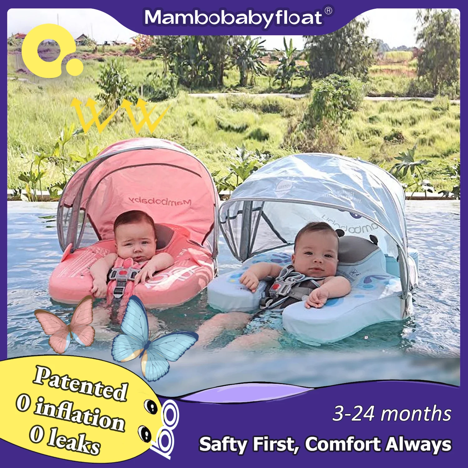 Mambobaby Baby Pool Float with Canopy Tail Solid Non-Inflatable Infant Swimming ring Soft Skin-Friendly Material Swim circle