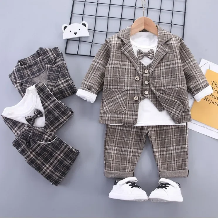 

Korean Style Children's Clothes Boys' Spring Wear Plaid Suit Set Three Piece Set Kids Spring Autumn Suit Baby Boy Clothing