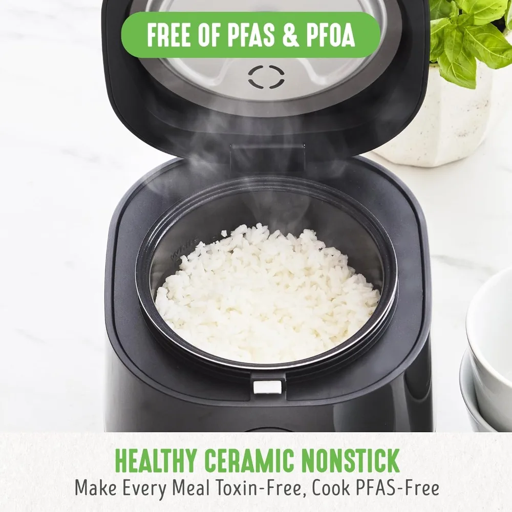 Healthy Ceramic Nonstick 4-Cup Rice Oats and Grains Cooker, PFAS-Free, Dishwasher Safe Parts,Easy To Use Control Panel