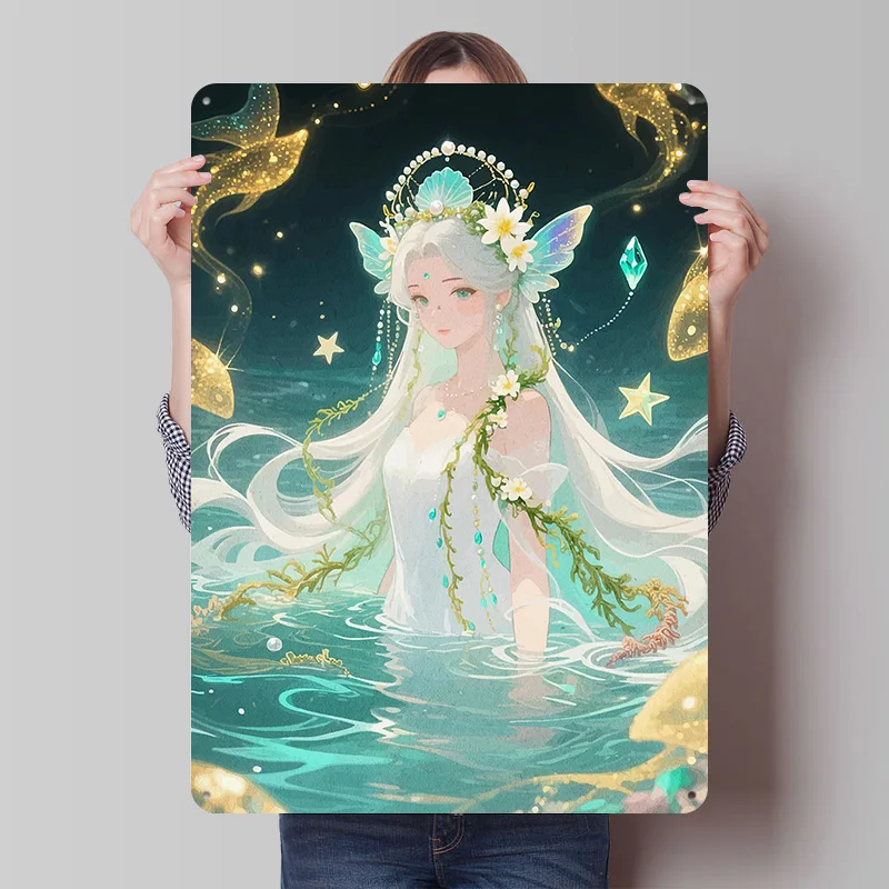 

Mermaid With Crown and Flowers Tinplate Poster Custom Wall Art Vintage Metal Signs Retro Tin Plaque for Home Decor Items House