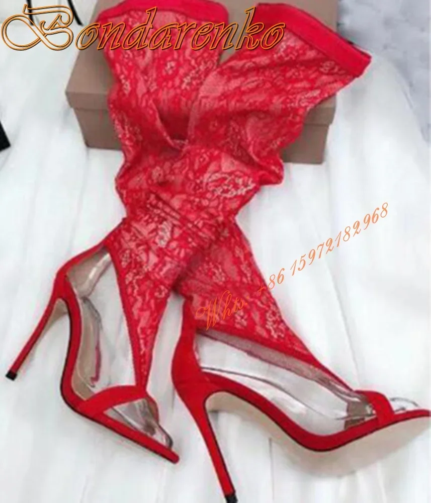 Mesh Printed Summer Sandal Boots Straps Solid Stiletto Heels Hollow Women Sexy Shoes Open Toe Over The Knee Slip On Banquet Shoe