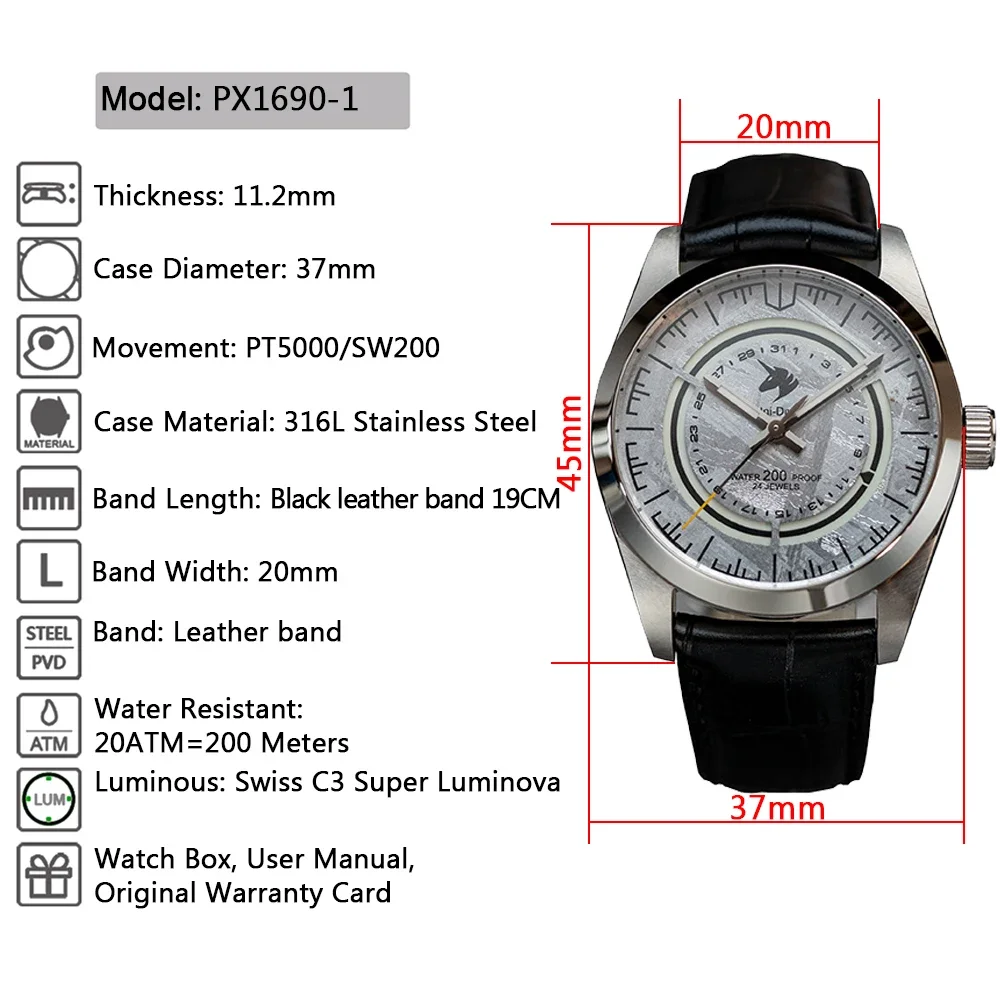 Proxima PX1690-1 37mm Custom Retro Automatic Mechanical Watch Sunburst Real Meteorite Dial Sapphire Crystal Glass C3 Luminous