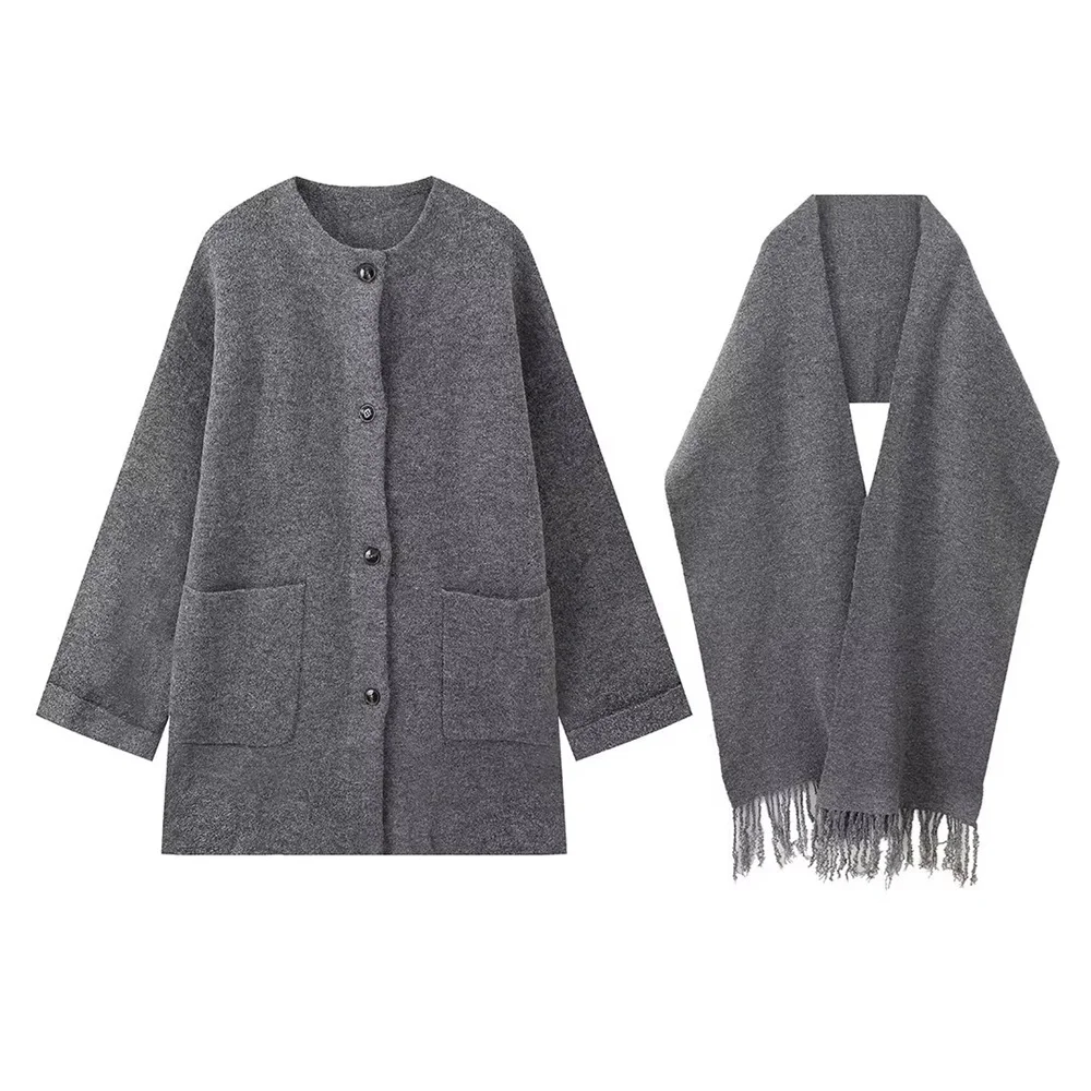 Otoño nuevo producto moda mujer suelta cuello redondo manga larga Color sólido bufanda capa suéter de punto abrigo