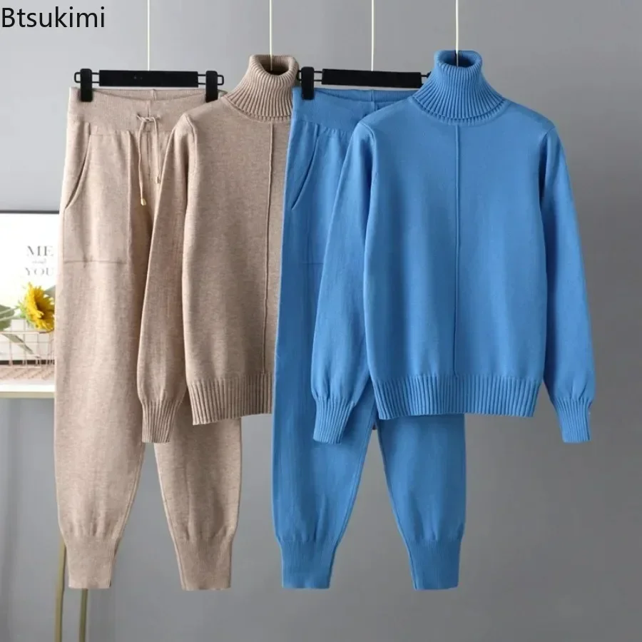 

2025Women's Casual Warm 2PCS Knitted Tracksuit Sets Solid Autumn Winter Cashmere Turtleneck Sweater and Harem Pant Sets Outfits