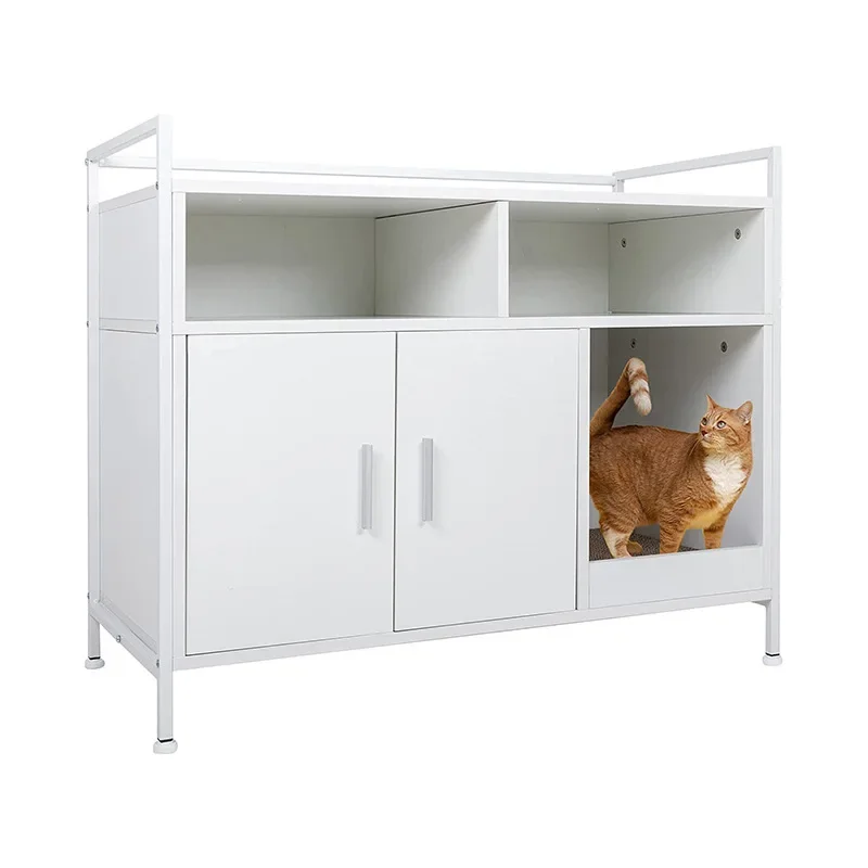 aLarge Eco-Friendly Modern Minimalist Wood Cat Litter Box Cabinet Double Doors Open Shelves Easy Assembly