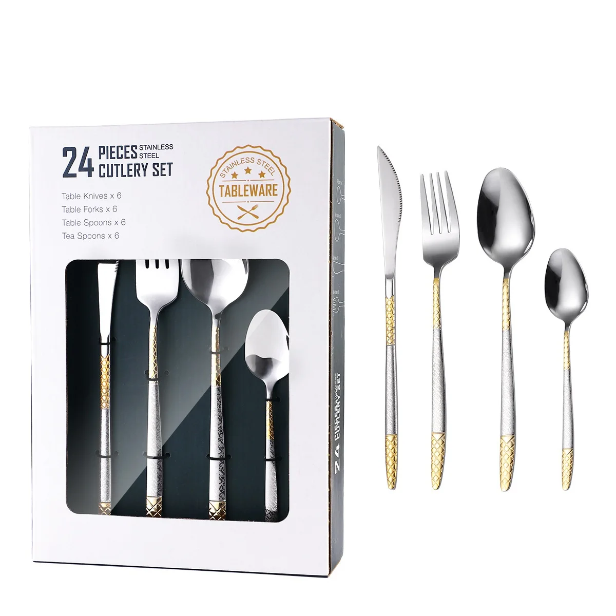 Modern Engraving Cutlery Silverware Set with Ultra Sharp 2-IN-1 Serrated Knives 24 Stainless Steel Flatware Set