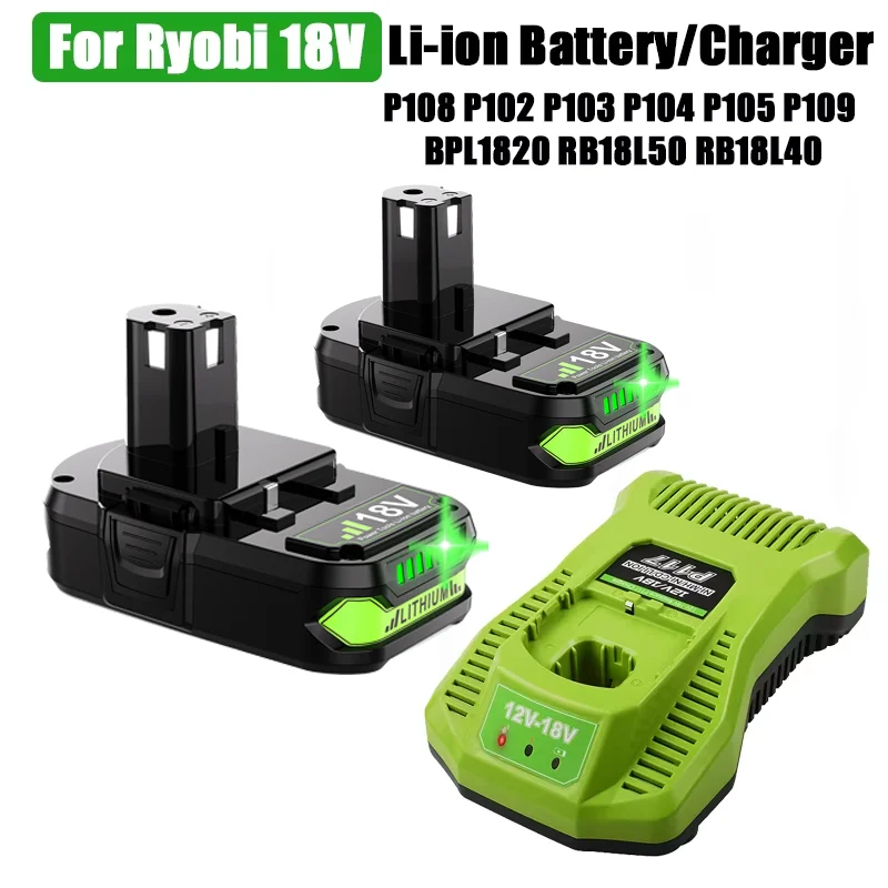 Ryobi용 18V 리튬 배터리, 교체용 전지, 18v, P108 P102 P103 P104 P105 P109 BPL1820 RB18L50 RB18L40