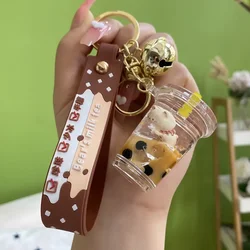 Cartoon Into Oild Pearl Milk Tea Bear Floating Liquid Keychain for Girl Bag Pendant Cute Mug Drink Bottle Keyring Key Charm Gift