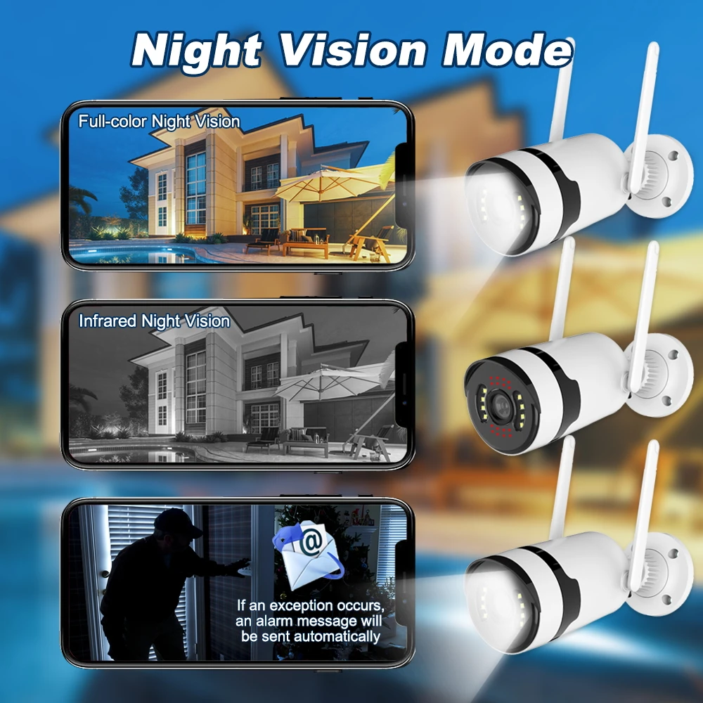 3MP 무선 보안 카메라 시스템 양방향 오디오 WIFI 카메라 4채널 NVR 키트 비디오 감시 시스템 10.1인치 LCD 포함