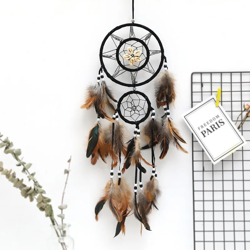 Shell Feather Bead Circle Dream Catcher Crafts Handmade Hanging Wall Decor Craft Brown Ornaments Props Round for Birthday Gift