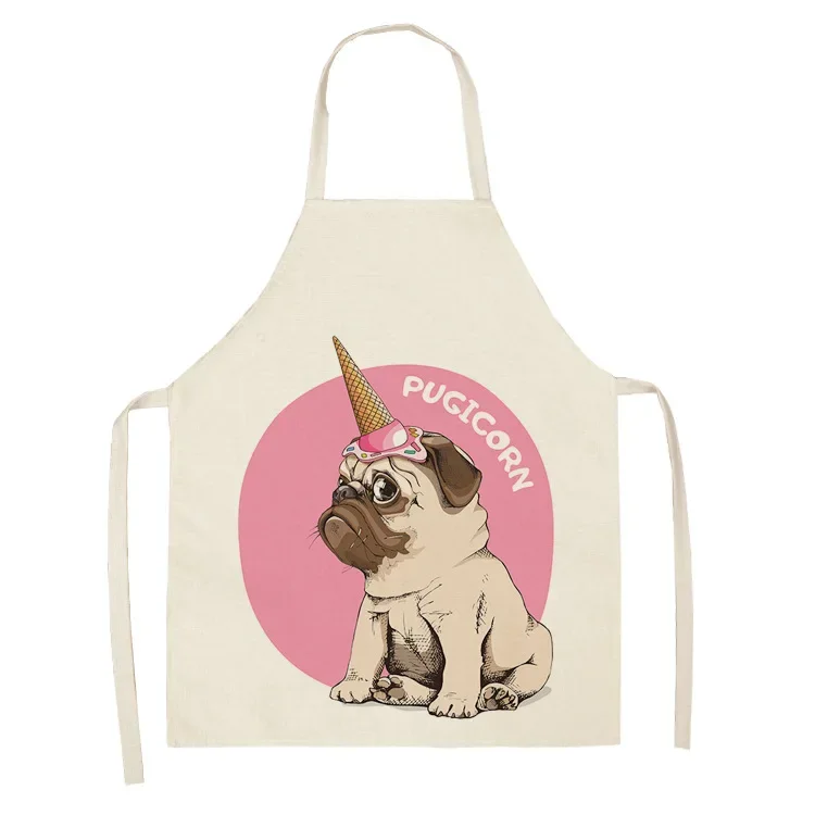 Cute Donut Pug Print Sleeveless Apron Cotton Linen Kitchen Utensils Household Baking Studio Anti Dirt Coat Waist