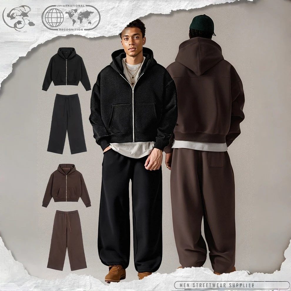 

1/2PCS Men's Autumn Winter Zipper Sweatshirt Pants Set High-Quality Loose Fit Casual Suit Men's Fashion Crop Hoodies Sweatpants