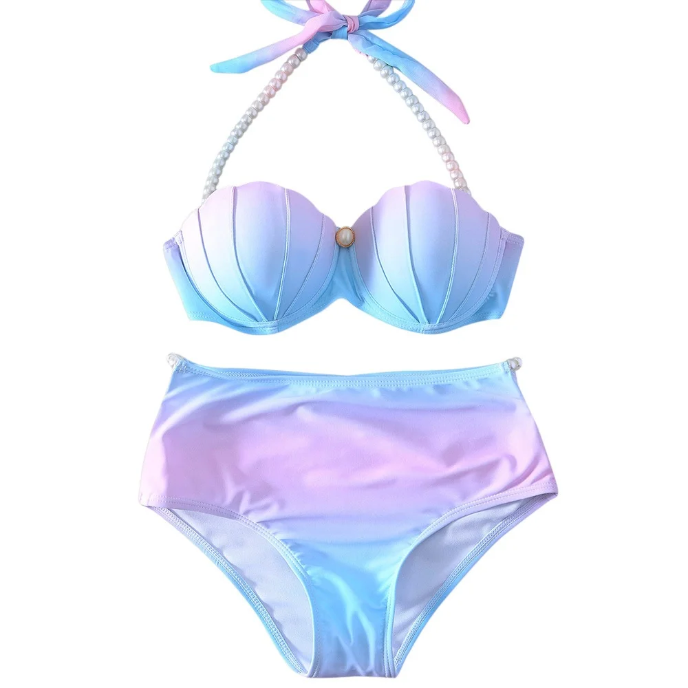 Conjunto de Bikini de dos piezas con cuello Halter y perlas para mujer, traje de baño de dos piezas con estampado de concha de sirena Multicolor