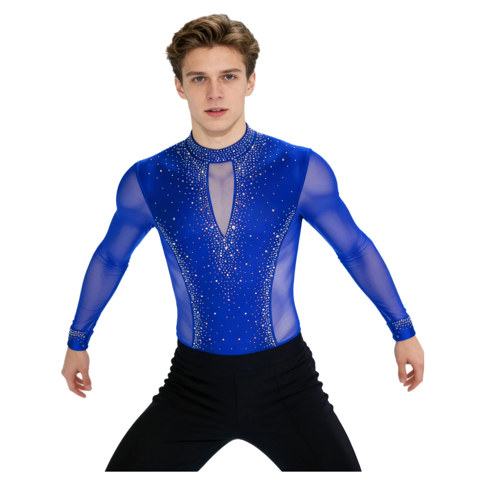Mens Gymnastics Figure Skating Latin Tango Ballroom Dance Bodysuit Shirts See-Through Mesh Sparkling Rhinestones Leotard Costume