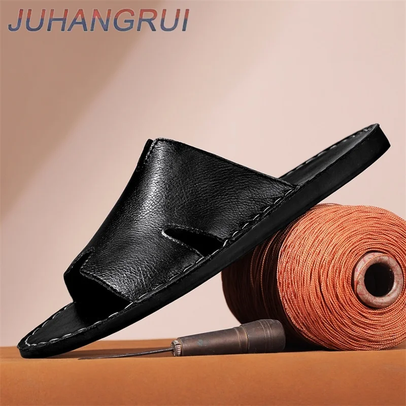 Fashion Men's Slippers Summer Non-Slip Wear-Resistant Casual Luxury Slippers Leather Slippers Outdoor Beach Sandals Breathable