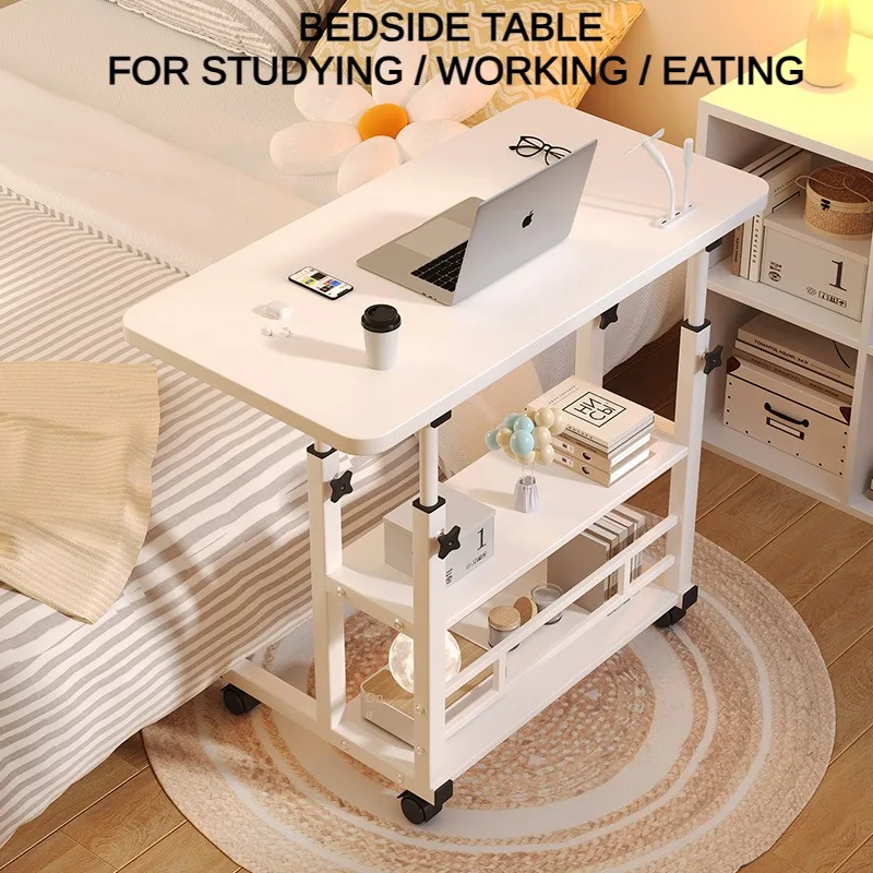 Movable Laptop Desk for Bed, Height Adjustable Study Table with Storage Shelf, Multifunctional Bedside Table for Working Eating