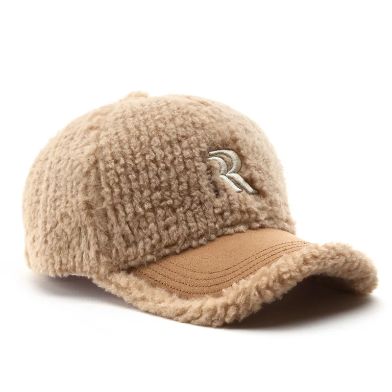 Fashion Female Winter Lamb Wool Hat Letters Double R Embroidered Peaked Cap Outdoor Sports Male Ear Protection Baseball Cap