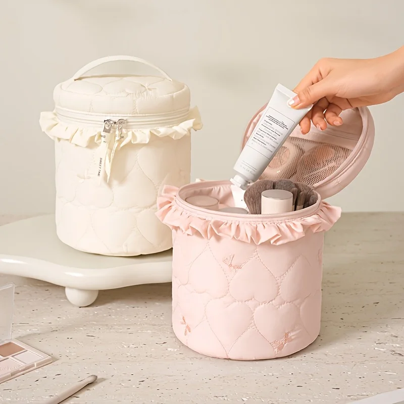Candy Color Quilted Round Makeup Bag Large Capacity Multi-Compartment Cosmetic Organizer Portable Travel Storage Bucket