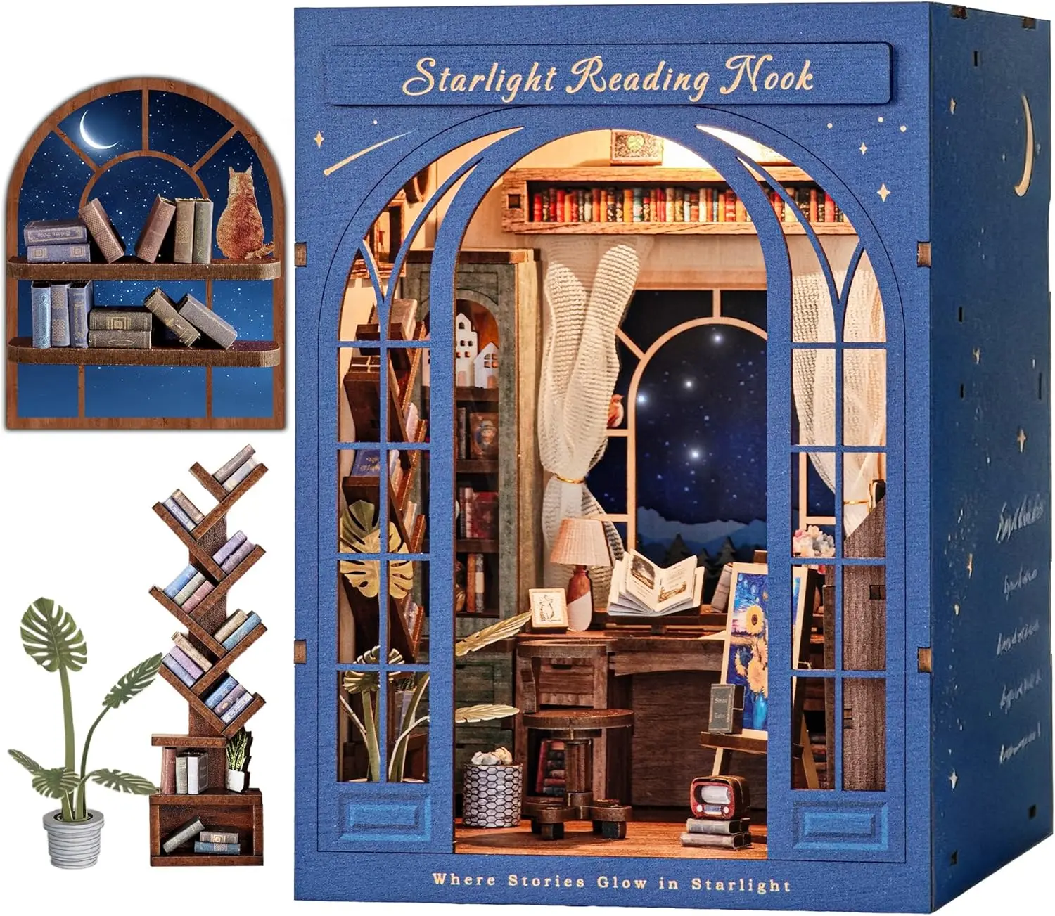 

DIY Book Nook Kit for Adults, 3D Wooden Puzzle Miniature House Craft Starlight Reading Nook