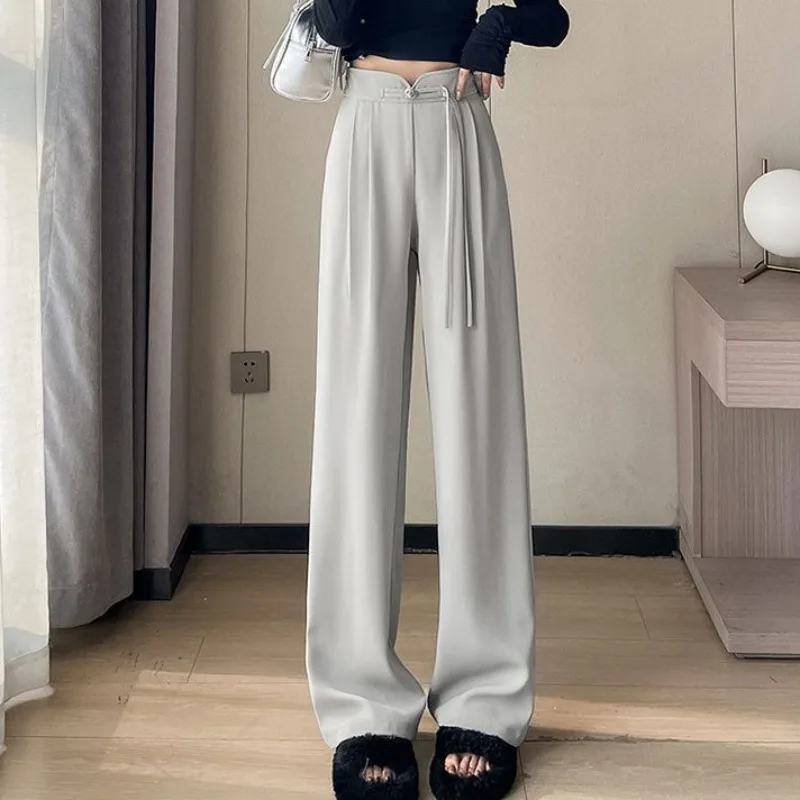 

Women's Spring Autumn Solid Drawstring High Waist Pockets Elastic Casual Wide Leg Sports Loose Trousers Chinese Style Pants