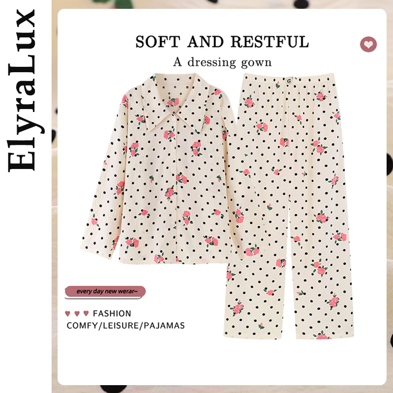 

ElyraLux New Ladies Pajamas Set Korean Teenage Homewear Long Sleeve Soft Comfort Spring Autumn Sleepwear set 2 piece woman