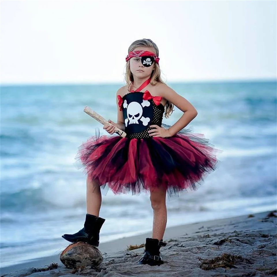 Girls Skull Caribbean Pirate Tutu Dress Halloween Cosplay Performance Masquerade Children's Costume Carnival Party Kids Clothes