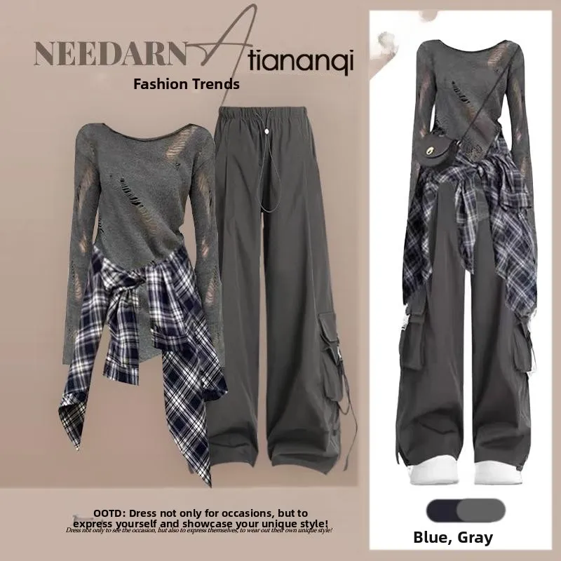 

Женский комплект: ажурный трикотажный топ в сине-белую клетку и брюки с высокой талией прямого кроя. Весенняя мода.