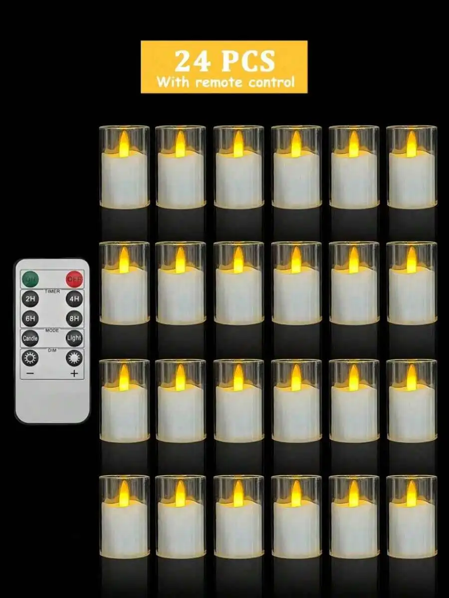 12/24-Piece Bullet-Shaped Remote-Controlled Transparent Cup Large Tea Candle, 2/4/6/8H Timer, Suitable For Terrace Afternoon Tea