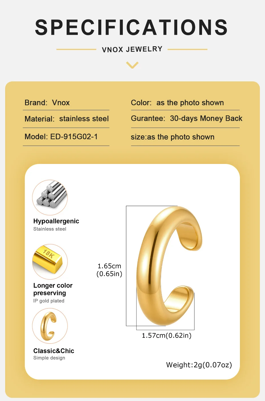 Vnox Klassischer Einzelner C-förmiger Ohrclip für Frauen, Minimalistischer Edelstahl-Ohrring ohne Piercing, Knorpel-Ohrschmuck – Detail 4