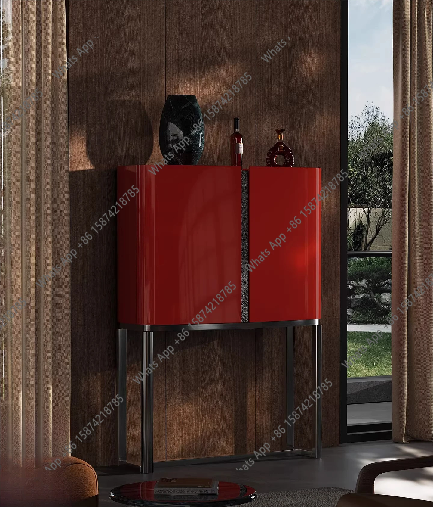 

Italian minimalist wine cabinet, living room storage cabinet, high-end custom piano paint, stainless steel tall cabinet