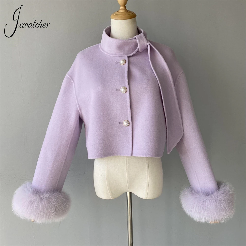 Jxwatcher Wool Coats with Real Fur 2024 Autumn Elegant Woman Coat Ladies Fashion Double Face Cashmere Jacket Solid Color Female