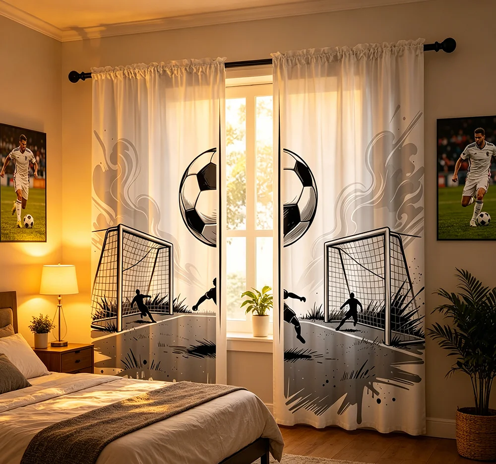 2PCS Digital Printed Curtains, Black White Soccer Goal Sports Athletic, Rod Pocket Window Drapes for Living Room Bedroom Decor