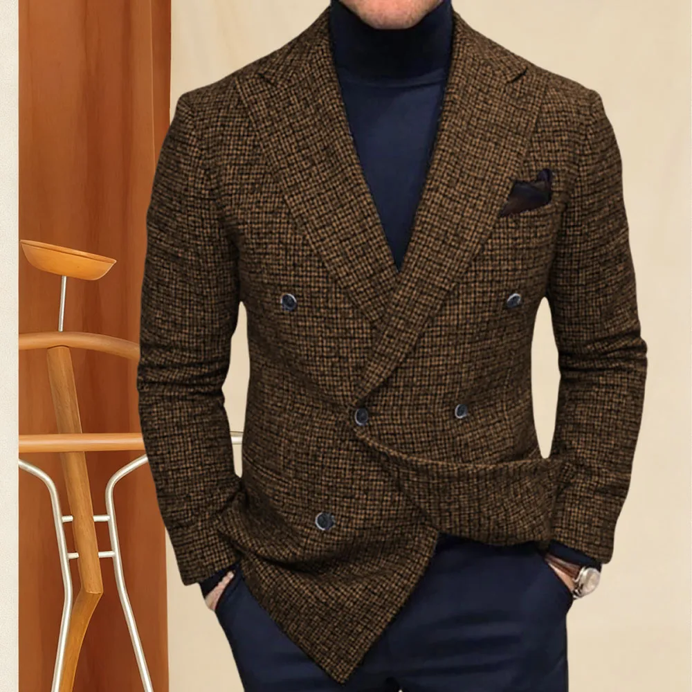 

Business Leisure Man Plaid suit Jacket Double breasted slim fit Men Plaid Blazers Men's dinner dressing Coat Man Clothes