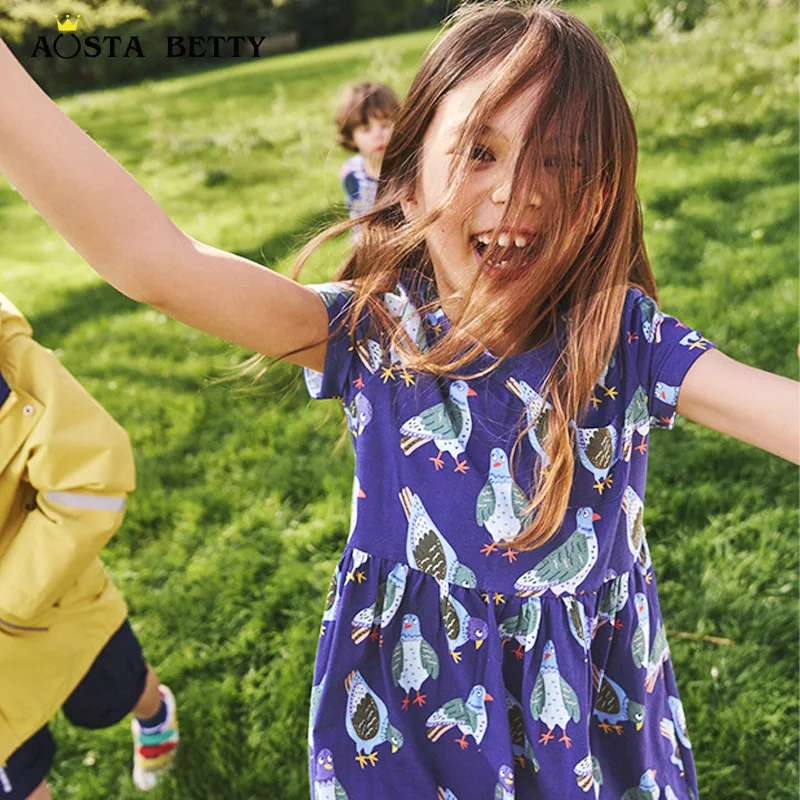 

New girls' short-sleeve dress with floral print, round neck, knitted cotton, fashionable children's dress