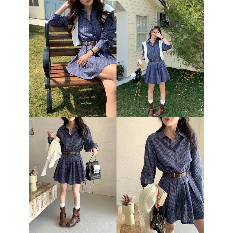 Middle Korean blue checkered shirt dress with belt included