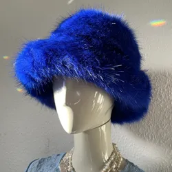 Blue Fluffy Faux Fur Bucket Hats Women Rabbit Fur Warm Thick Plush Winter Hat Y2k Grils Ins Fashion Furry Panama Fisherman Cap