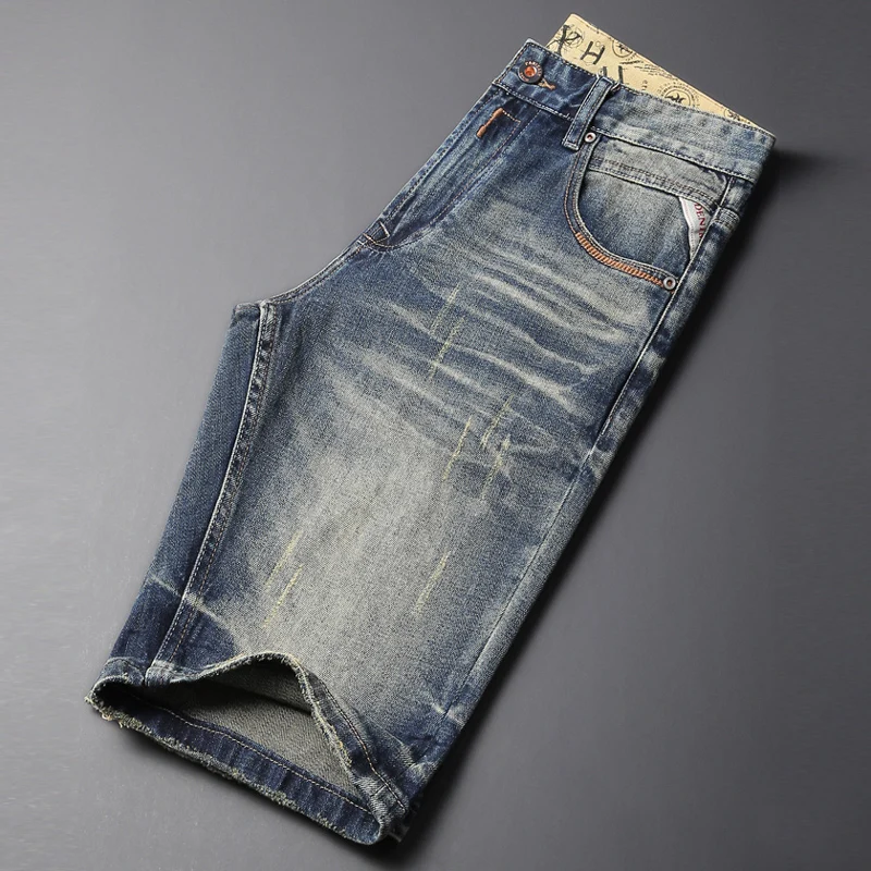 Summer Fashion Designer Men Jeans High Quality Retro Washed Elastic Slim Fit Ripped Short Jeans Vintage Casual Denim Shorts Men