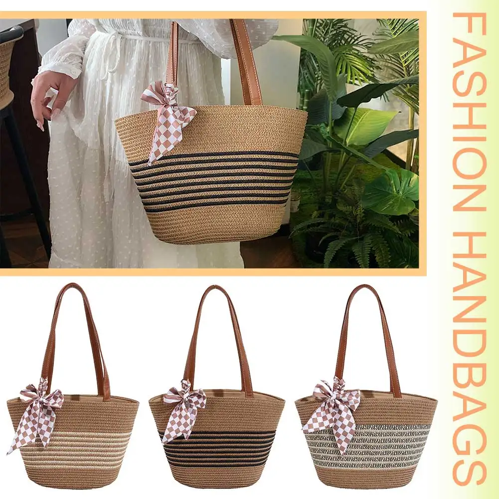 

Women Vintage Shoulder Bag Large Capacity Striped Hobo Bag Zipper Closure Weaving Striped Handbag Ladies Summer Daily Bag