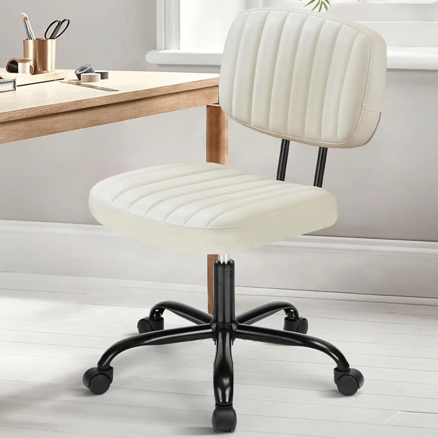 Armless Home Office Desk Chair -Small Ergonomic with Low Back Lumbar Support, Height Adjustable PU Leather Computer