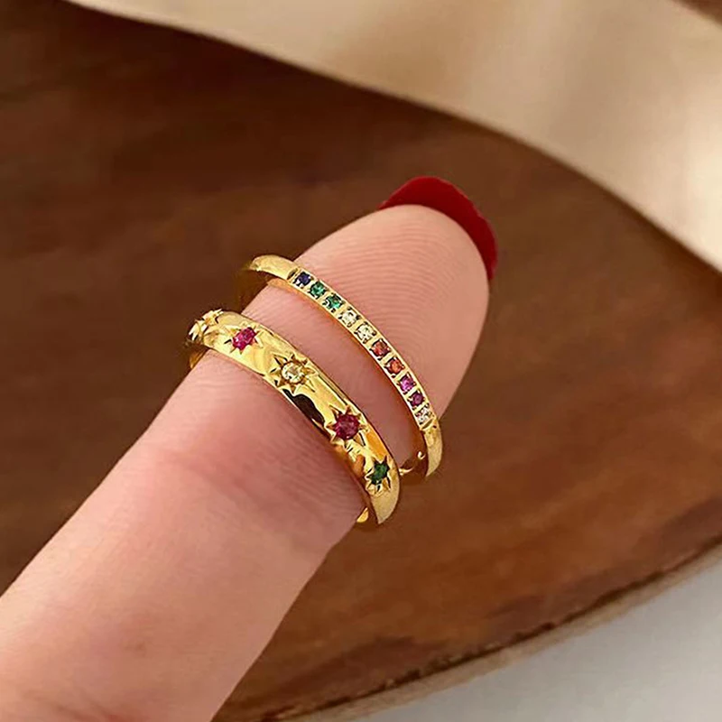 Rainbow Color Cubic Zircon Stone Finger Rings For Women Gold Color Waterproof Jewelry Open Finger Ring Gift