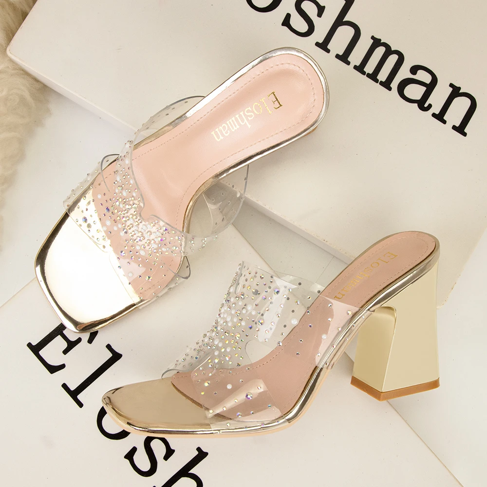2023 Sexy Transparent PVC Summer Women Shoes Head Peep Toe Spike Heel Fashion Modern Slippers Party Crystal Shallow Polka Dot