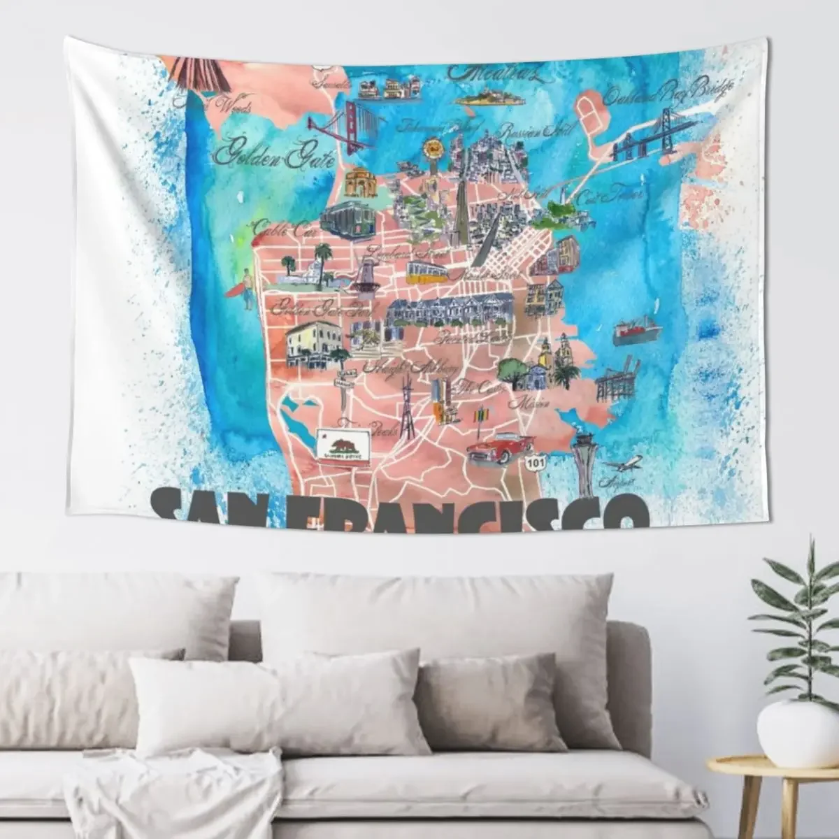 

San Francisco Illustrated Travel Map with Main Roads, Landmarks and Highlights Tapestry Cute Room Decor Home Decorators Tapestry