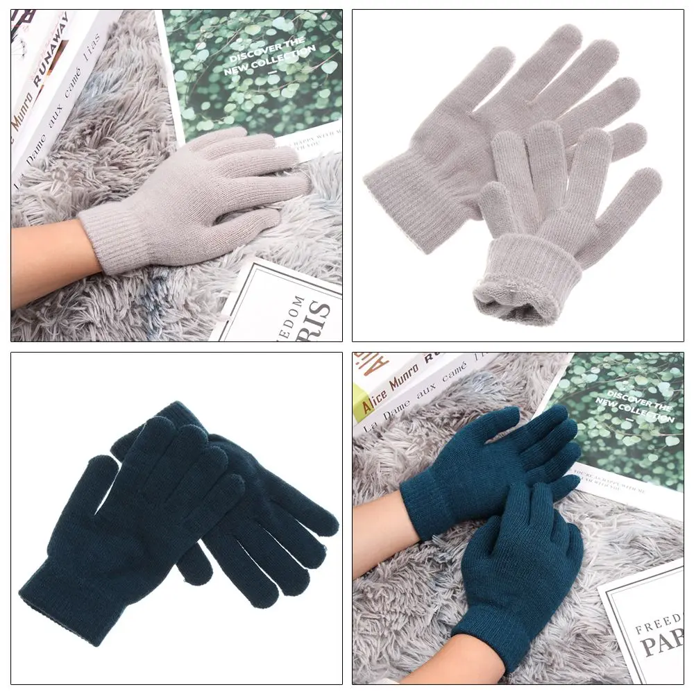 Women Men Unisex Winter Ribbed Knitted Full Fingered Gloves Basic Thicken Plush Lining Mittens Magic Thermal Wrist Warmer