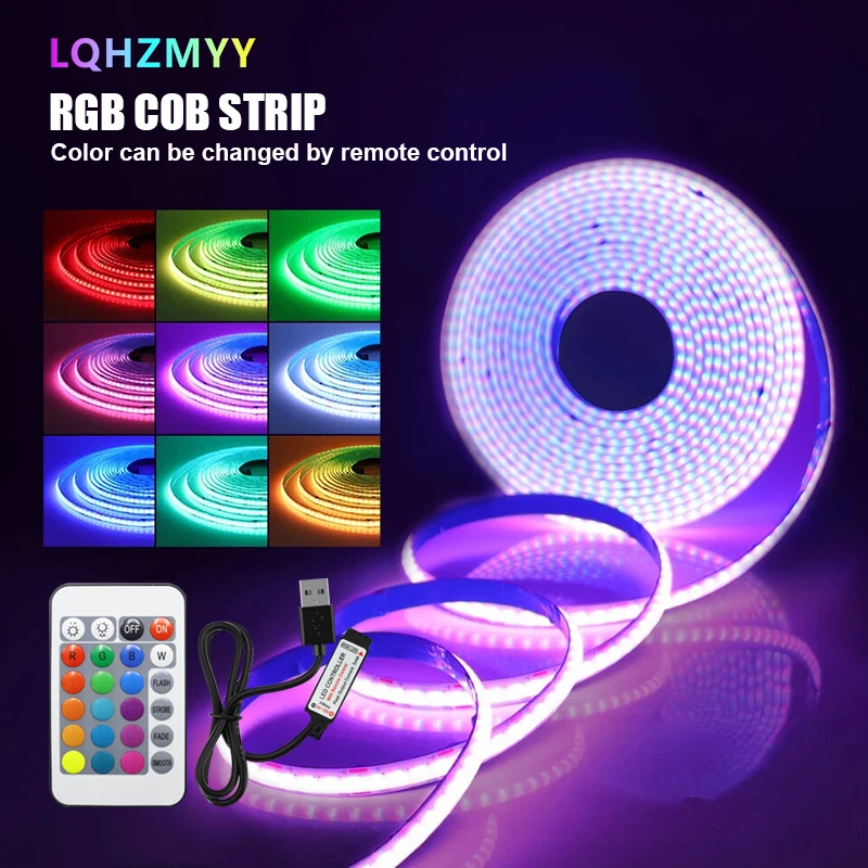 1 Roll of Low-Voltage 5V Color-Changing Rgb Flexible Cob Led Strip Without Light Spots, with a 24-Key Multifunctional Remote Control, Allows for Switching Light Colors and Adjusting Light Brightness, Suitable for DIY D
