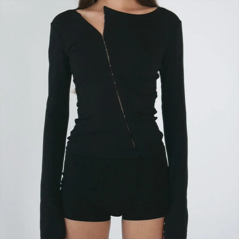 Talenza Black Hollow Out Top Fashion Sexy Asymmetric Pullover Long-Sleeve Top Solid Hot Girl Party Slim Spring Autumn Women Tops