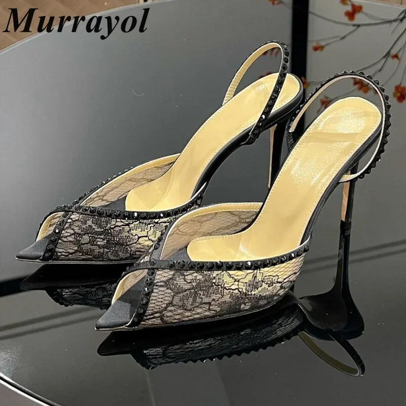 New Peep Toe Rhinestone Decor Sexy Sandalias Women Lace Gauze Thin High Heels Sandals Summer Dress Shoes Wedding Shoes Pumps