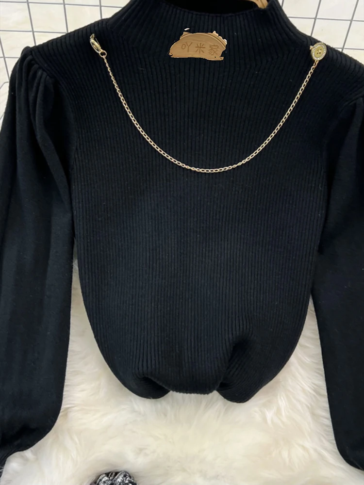 جديد الشتاء بدلة على الموضة المرأة نصف الياقة العالية أزرار الذهب متماسكة سترة علوية + رسالة الزنانير houndstooth تحقق الصوف تنورة