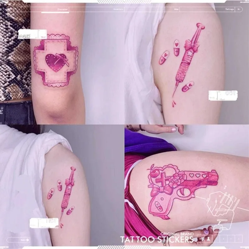 

New Girl Gun Combination Pink Tattoo Stickers Female Love 4 Patterns Waterproof Large Fake Tattoo Arm Temporary Tattoo Stickers